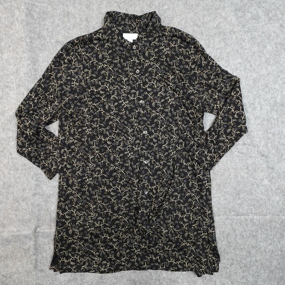 J. Jill Top Womens Small Tunic Button Front Floral Long‎ Sleeve Casual Black